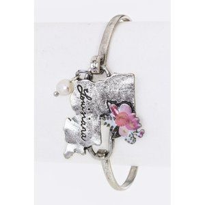 Charmed Louisiana Map United State Hook Bangle Bracelet Jewelry Gift - Silver
